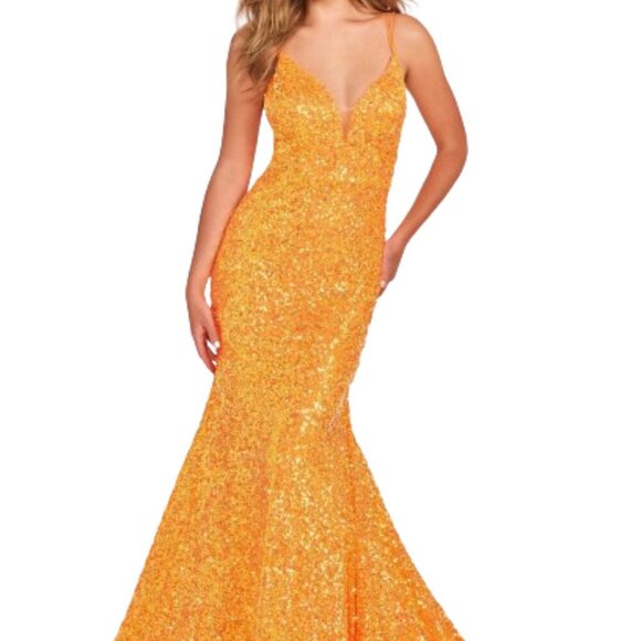 NWT Ellie Wilde EW34016 Stretch Allover Sequin & Jersey Prom Dress Orange Size 8 - Picture 1 of 6